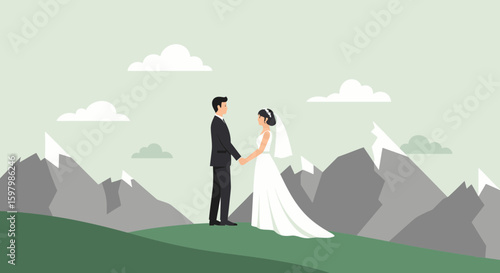 Serene Wedding Landscape Couple Embracing Against Mountain Backdrop Vector Graphic