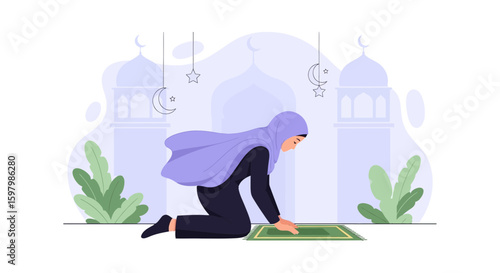 Woman Praying In Traditional Muslim Dress Spiritual Reflection Scene