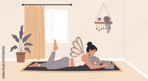 Woman Practicing Yoga with Wings on a Mat, Assisted by Blocks and a Bolster