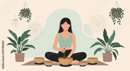 Serene Woman Engaging In Sound Meditation Session With Singing Bowls At Home