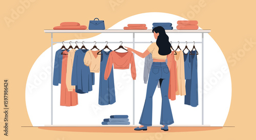 Woman Choosing Outfit In Her Walk In Closet Or Clothing Store Apparel