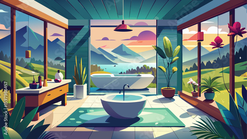 Very beautiful Spa-Like Tranquility: A sophisticated bathroom blends modern design with the serenity of nature, featuring sleek fixtures, a relaxing atmosphere, and panoramic views.