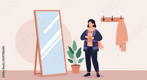 Woman Prepares For Her Day By Getting Dressed In Front Of The Mirror