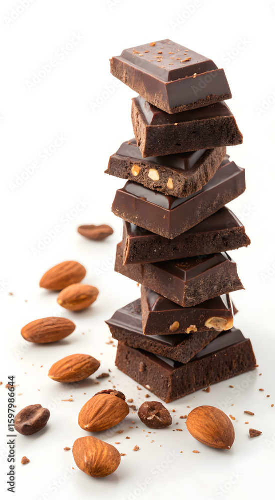 Chocolate tower with scattered almonds on clean surface Chocolate tower with scattered almonds on clean surface