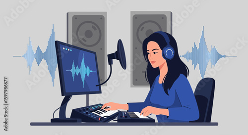 Woman Composing Electronic Music With Keyboard And Computer In Home Studio