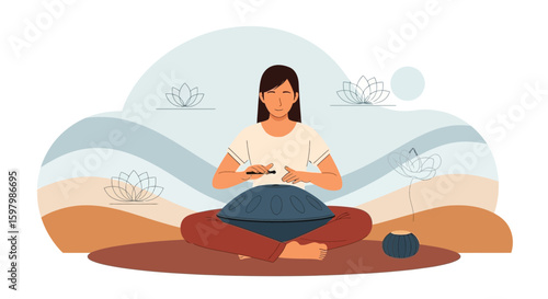 Serene Woman Plays Handpan Drum Instrument In Lotus Position