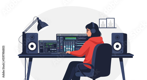 Woman Creating Music In Her Home Studio Using Digital Audio Workstation