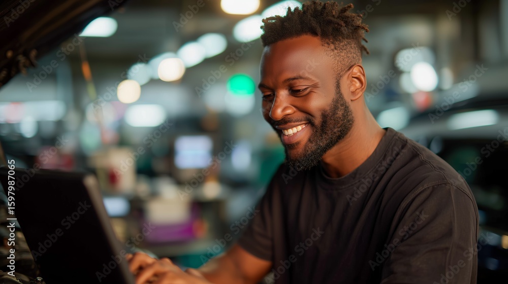 Obraz premium Man working on laptop at automotive workshop while smiling in a busy garage environment during daytime hours