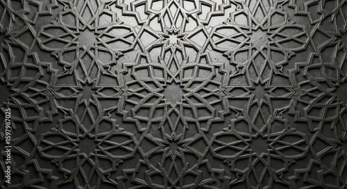 A close up view of an intricate dark gray islamic geometric pattern with star designs etched in