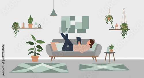 Serene Woman Relaxes At Home Reading Book Surrounded By Plants Indoor Scene