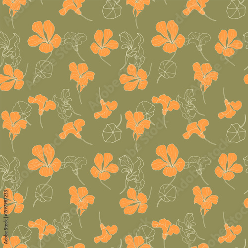 Seamless pattern with nasturtium flowers on green background. Hand-drawn orange flowers for wedding, fabric, invitation or greeting card. 