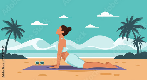 Serene Yoga Practice On Tropical Beach For Wellness And Mindfulness Promotion