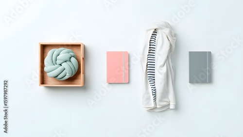 Minimalist home decor: knot pillow, pink notebook, gray journal and white jacket style