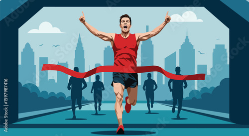 Runner Winning the Race, Crossing the Finish Line in a City Marathon