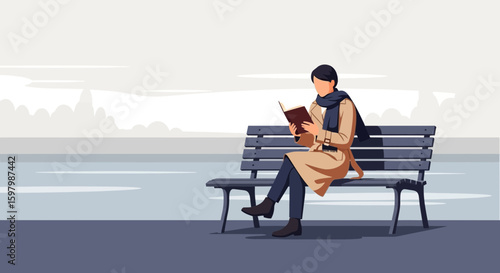 Woman Reading A Book On A Bench Outdoor In Relaxing And Peaceful Moment
