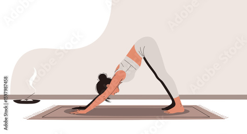 Woman Doing Downward Facing Dog Yoga Pose With Incense At Home