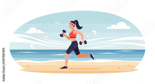 Woman Doing Dumbbell Exercises On The Beach Healthy Lifestyle Workout