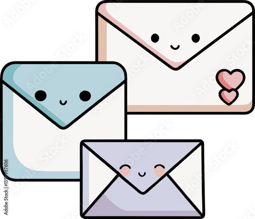 Trio of smiling pastel envelopes representing cheerful, friendly, and affectionate communication.