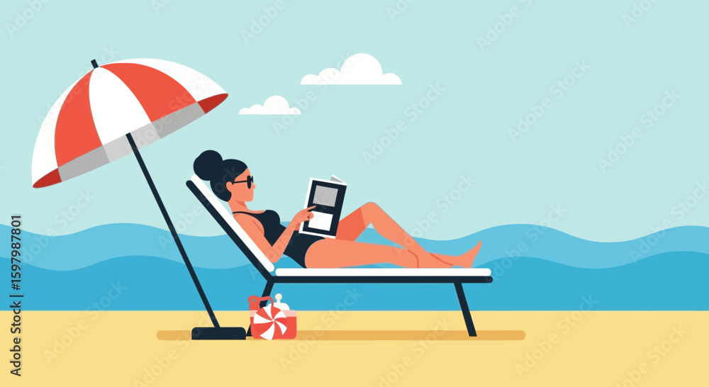 Fototapeta premium Woman Reading And Relaxing On The Beach Under Parasol During Summer Holiday