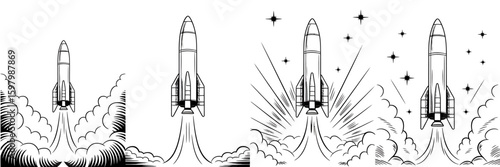 Multiple rockets launching into space with fiery exhaust