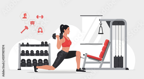 Woman Doing Lunges With Dumbbells In The Gym Exercise For Fitness And Health
