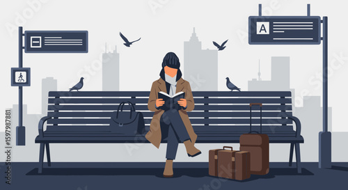 Woman Reading Book At Urban Bus Station In Autumn Travel Concept