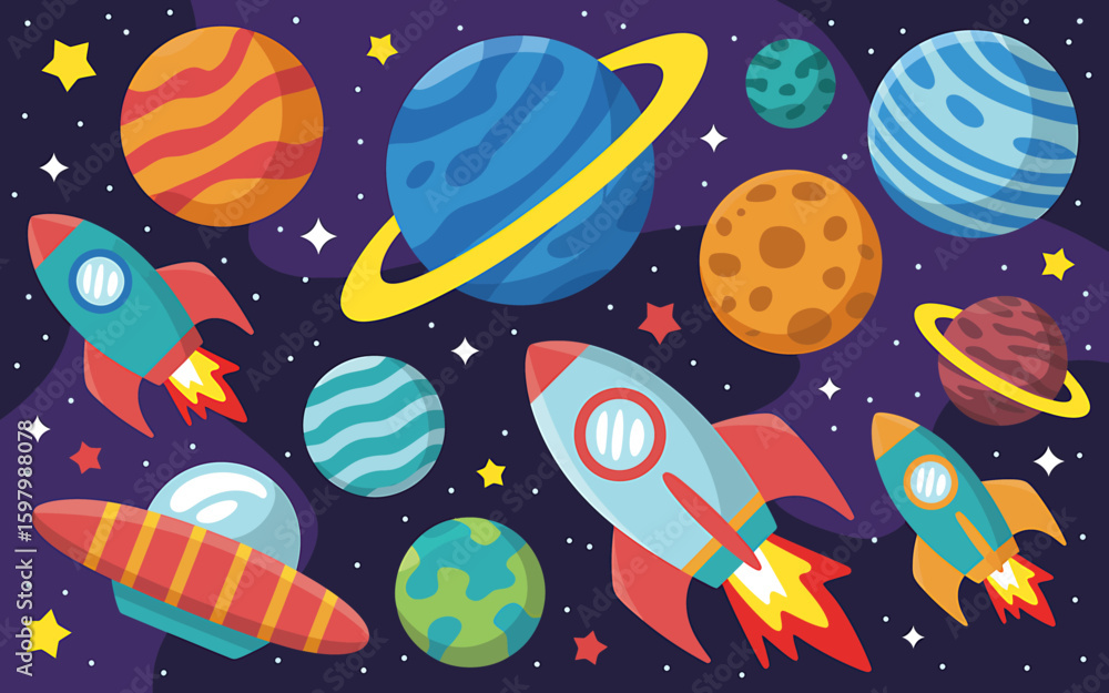 Naklejka premium Colorful cartoon space scene with planets and rockets