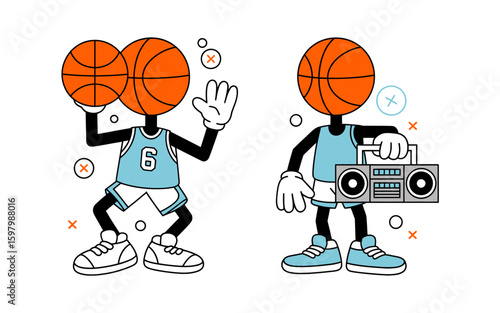 Cartoon basketball players with boombox and multiple balls