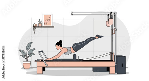 Woman Doing Pilates Reformer Exercise For Fitness And Body Strength Routine