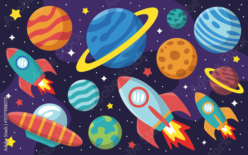 Colorful cartoon space scene with planets and rockets