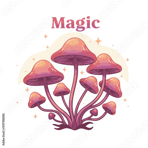 Fantasy Mushroom Cluster with Glowing Caps and ‘Magic’ Script
