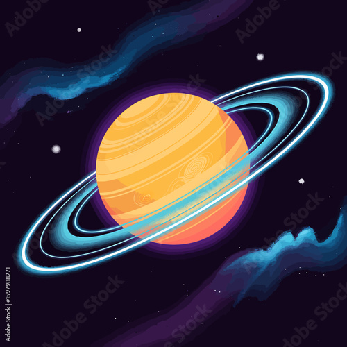 Vibrant ringed planet in a cosmic nebula