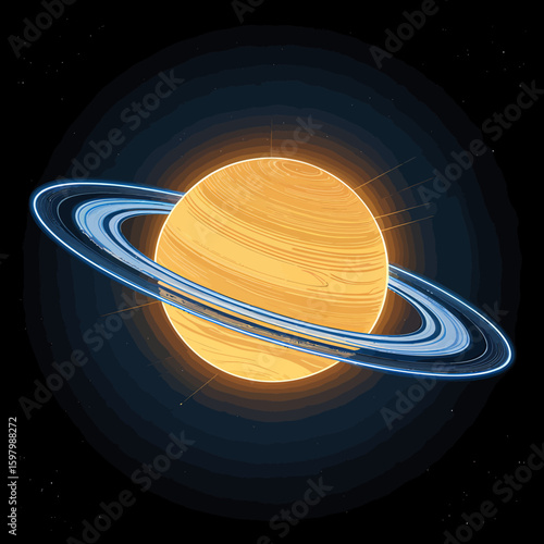 Vibrant saturn with prominent rings in a dark cosmic background