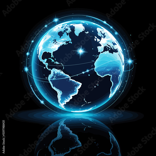Glowing blue earth with digital connections on black background