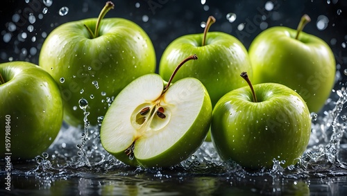 Fresh green apples with water splash healthy eating fruit photography stock image food