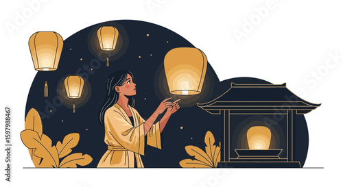 Sky Lanterns Festival: Woman Releasing Paper Lanterns At Night Celebrations