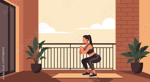Woman Doing Squats on Balcony with Scenic Sky in Modern Home Environment