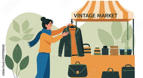 Smiling Woman Shopping For Vintage Clothes At Local Flea Market