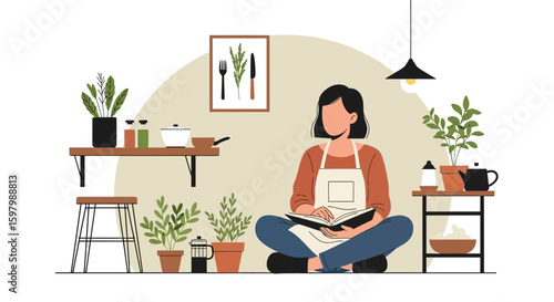 Woman Reading Cookbook In Cozy Kitchen Preparing Healthy Meal Concept