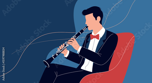Sophisticated Clarinet Player Performing Elegant Music In Comfortable Armchair