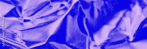 Blue and purple halftone crumpled paper background. Old paper sheet in neon acid color. Noise, dust filter, gritty overlay layered. Vector backdrop.