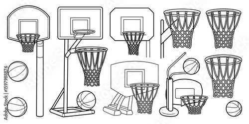 Basketball Hoops Line Art Black and White Illustrations of Sporting Equipment. a-black-and-white-line-drawing-illustrat_1nCSOaKOTyqEmo30oBTbcA_SNZjl_oeQnuKs3SnVOSpFQ