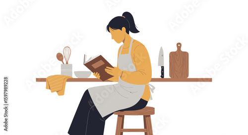 Woman Reading Recipe Book On Stool In Kitchen Preparing Culinary Delights