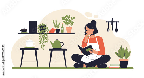 Woman Reading Recipe Book At Home In A Cozy Kitchen With Plants