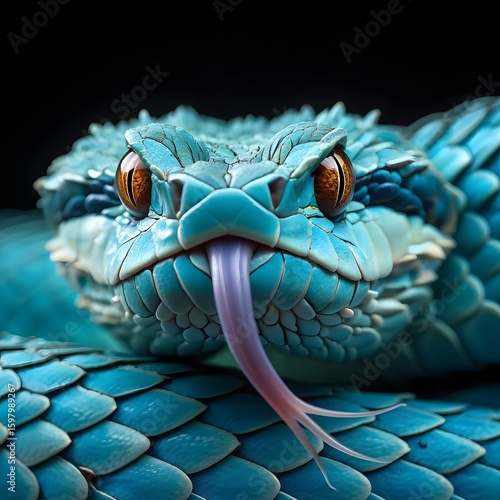 Close up of a blue snake viper with tongue out detailed scales and amber eyes view
