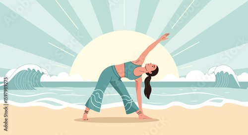 Woman Doing Yoga Triangle Pose On Ocean Beach During Sunset Relaxation