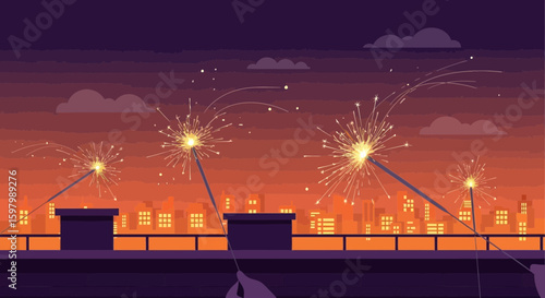 Sparkling Celebration At Dusk: Festive Merriment Against An Urban Skyline Backdrop