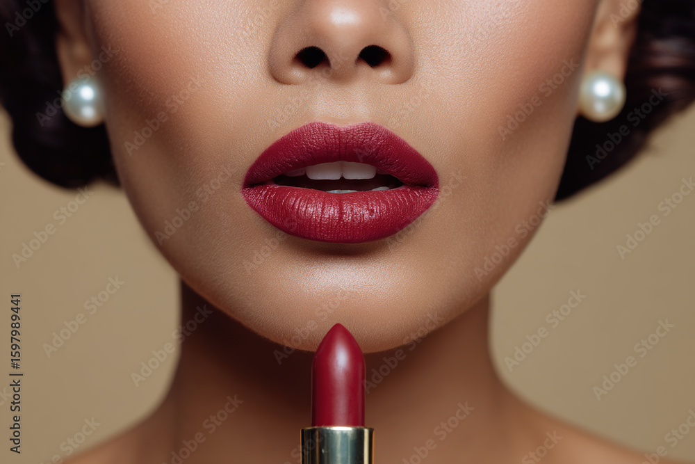 Obraz premium Luscious lips with red lipstick, complemented by elegant pearl earrings, exudes confidence and timeless glamour. Ready for a night out!