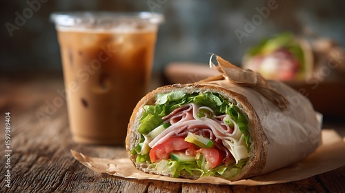 Fresh sandwich wrapped in paper beside iced drink