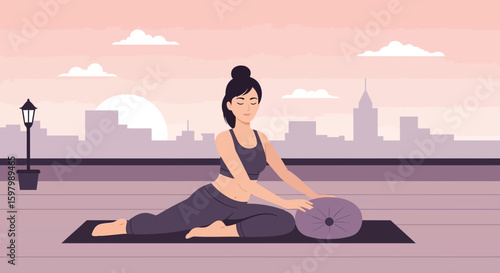 Woman Doing Yoga With Bolster On Rooftop At Sunset For Wellness Lifestyle